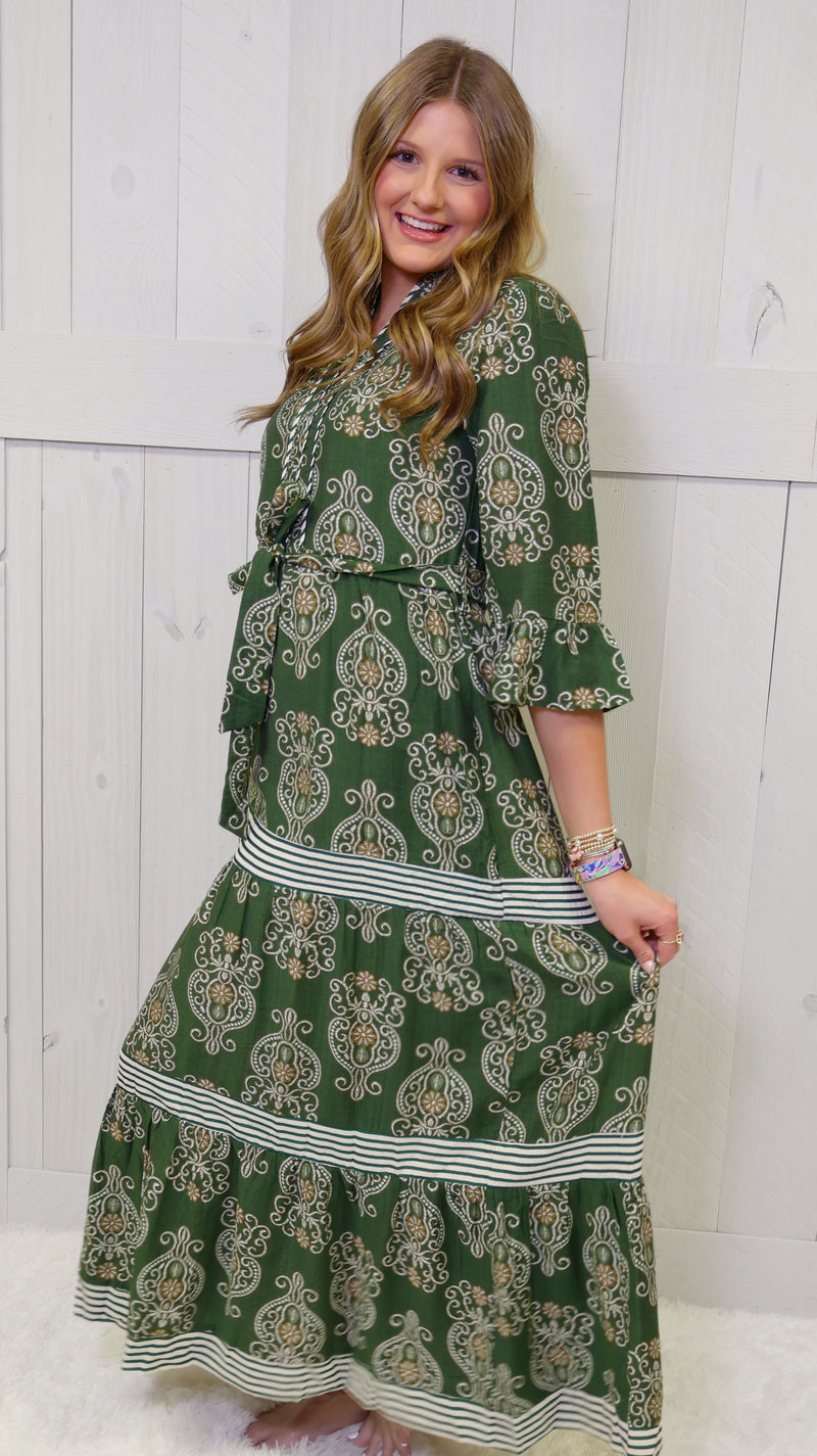 Olive V Neck Belted Maxi Dress