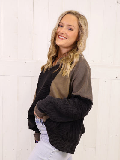POL Black Mixed Media Oversized Top - Sweater Pullover