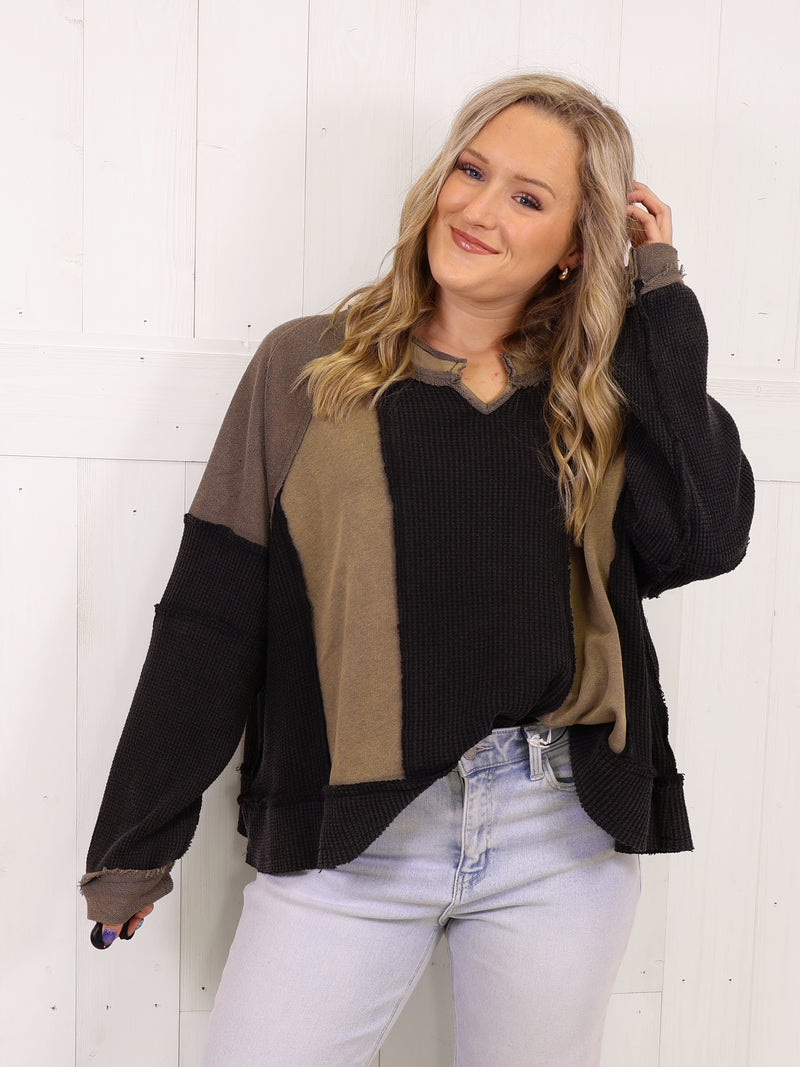 POL Black Mixed Media Oversized Top - Sweater Pullover