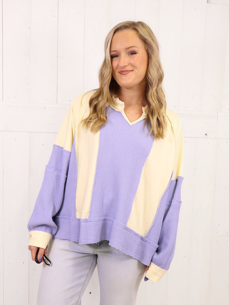 POL Blue Mixed Media Oversized Top - Sweater Pullover