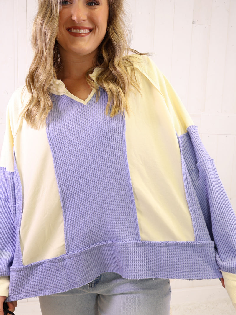 POL Blue Mixed Media Oversized Top - Sweater Pullover