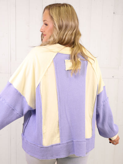 POL Blue Mixed Media Oversized Top - Sweater Pullover