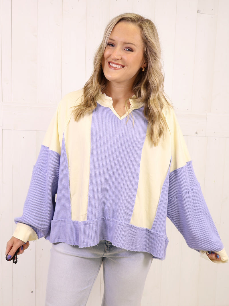 POL Blue Mixed Media Oversized Top - Sweater Pullover