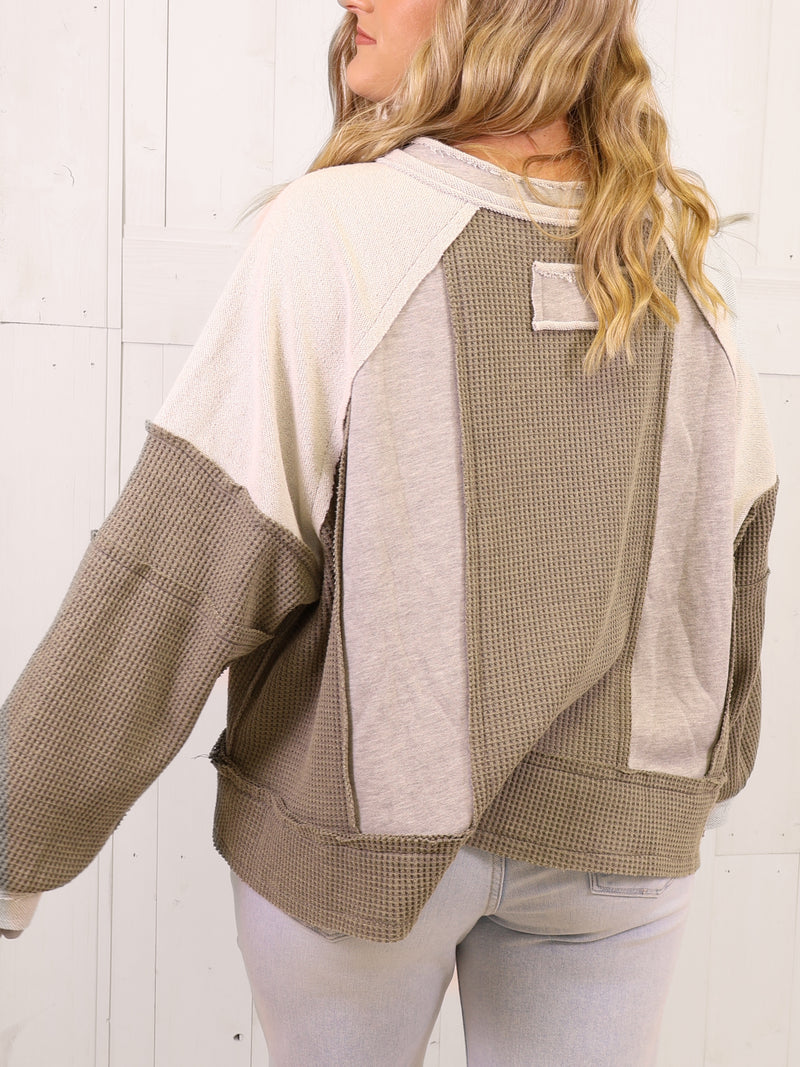 POL Gray Mixed Media Oversized Top - Sweater Pullover