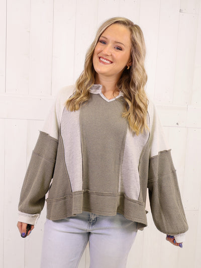 POL Gray Mixed Media Oversized Top - Sweater Pullover