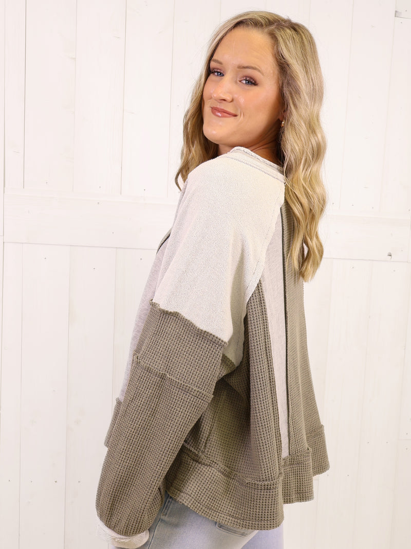 POL Gray Mixed Media Oversized Top - Sweater Pullover