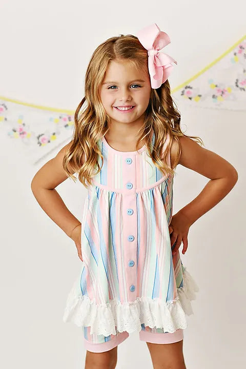 Pastel Striped Dress+Short Outfit Girls