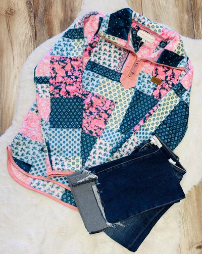 Patchwork Simply Southern Sherpa Pullover Sweater Top