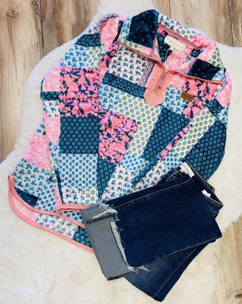 Patchwork Simply Southern Sherpa Pullover Sweater Top