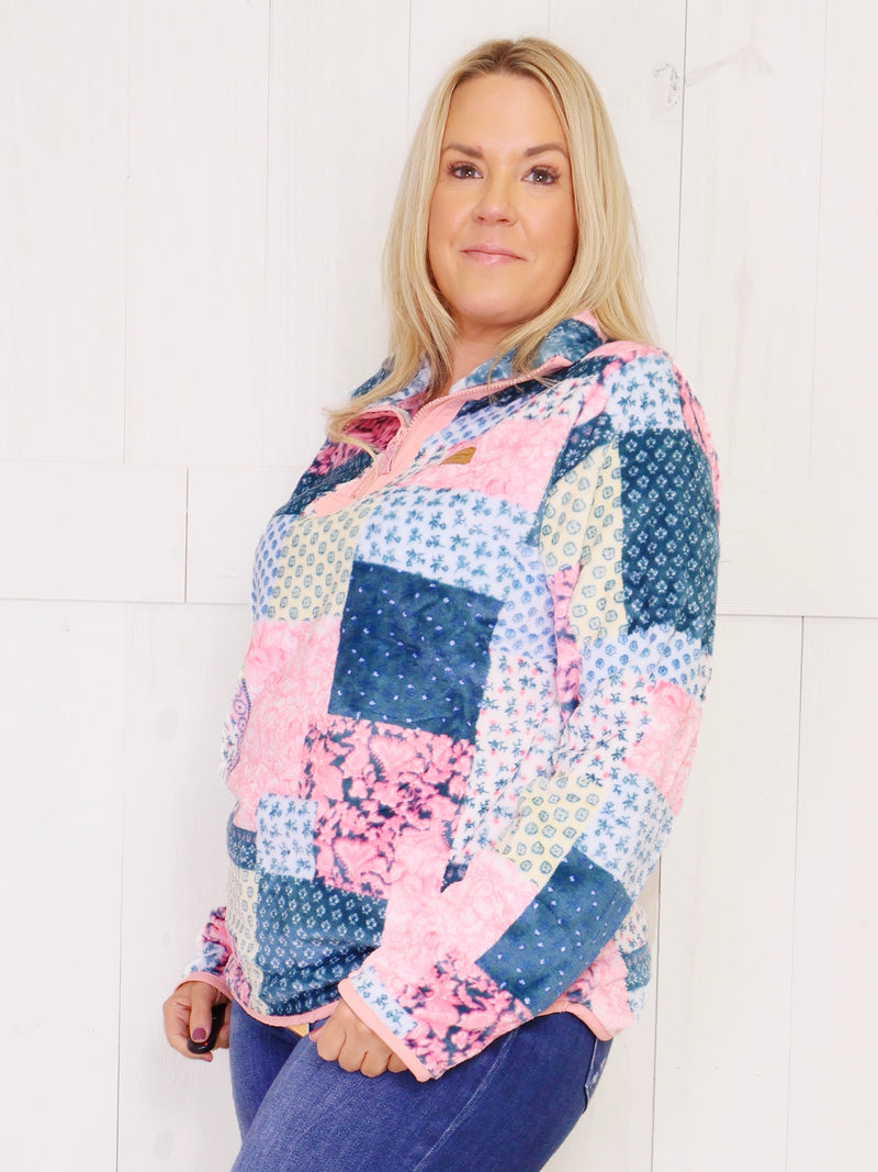 Patchwork Simply Southern Sherpa Pullover Sweater Top