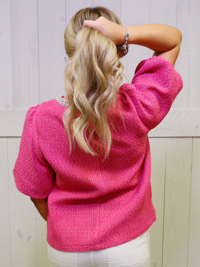 Pearl Trim Pink Tweed Top