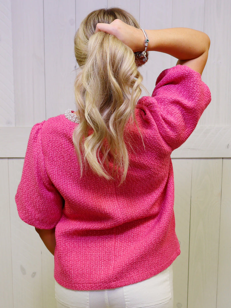 Pearl Trim Pink Tweed Top
