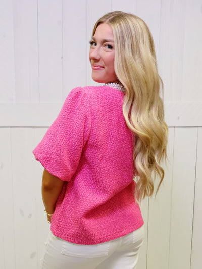 Pearl Trim Pink Tweed Top