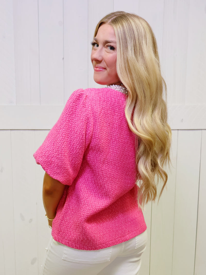 Pearl Trim Pink Tweed Top
