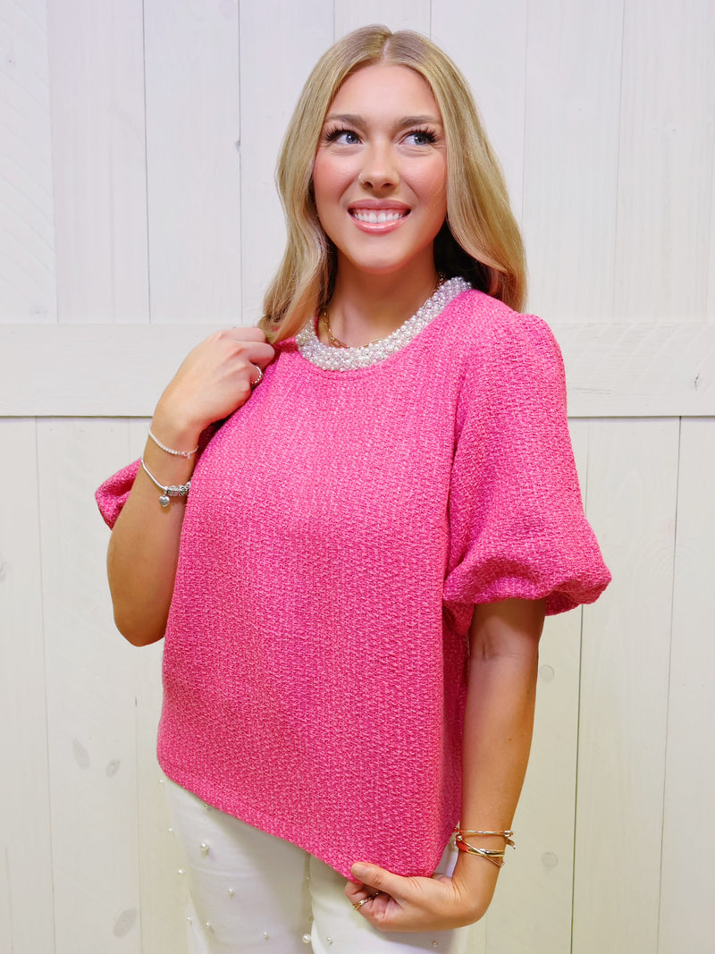 Pearl Trim Pink Tweed Top