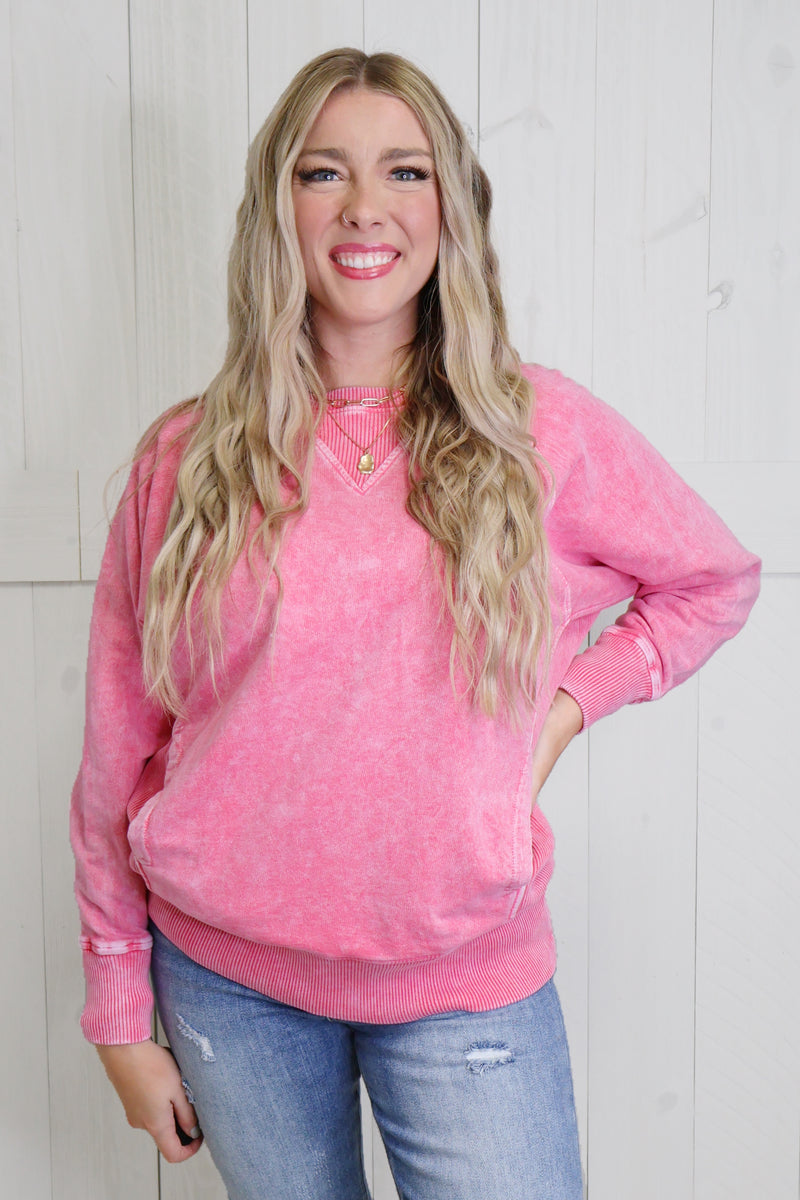 Pink Basic Acid Wash Sweater Pullover