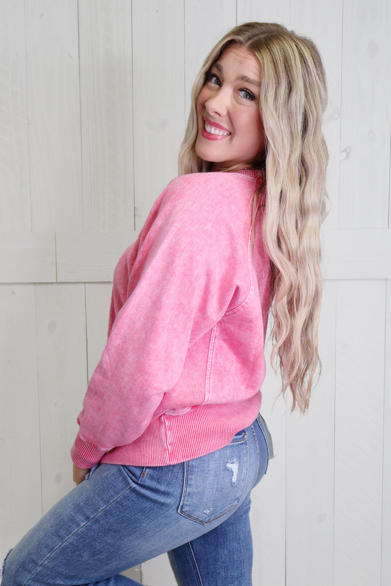 Pink Basic Acid Wash Sweater Pullover