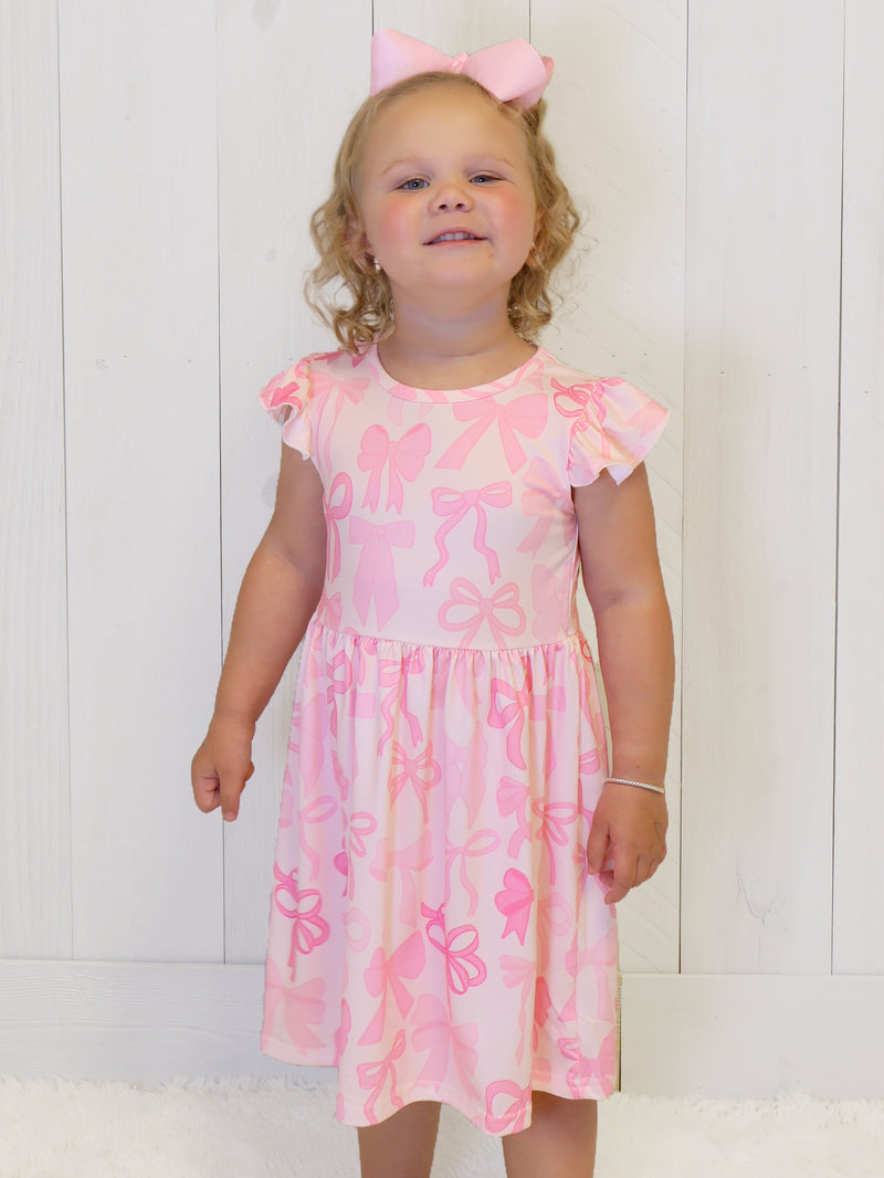 Pink Bow Ruffle Sleeve Dress Girls