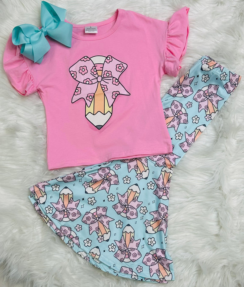 Pink and Teal Pencil Back to School Set Girls