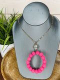 Pink oval bead necklace and gold studs women's