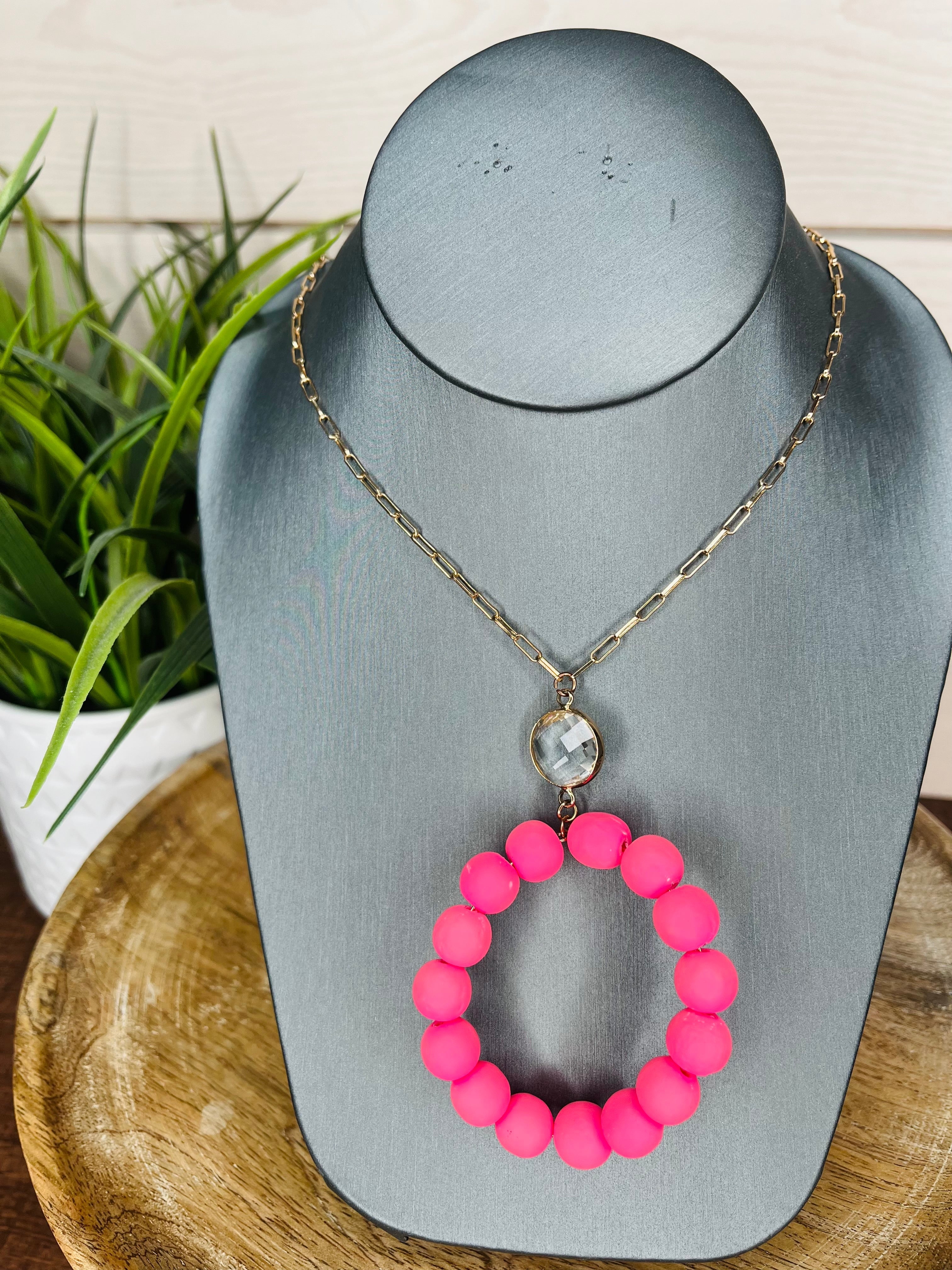 Pink oval bead necklace and gold studs women's