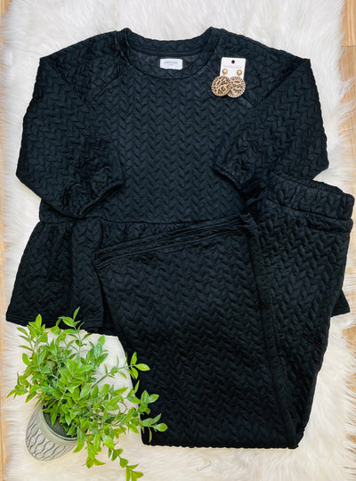 Quilted Peplum Wide Pant Black Two Piece Set