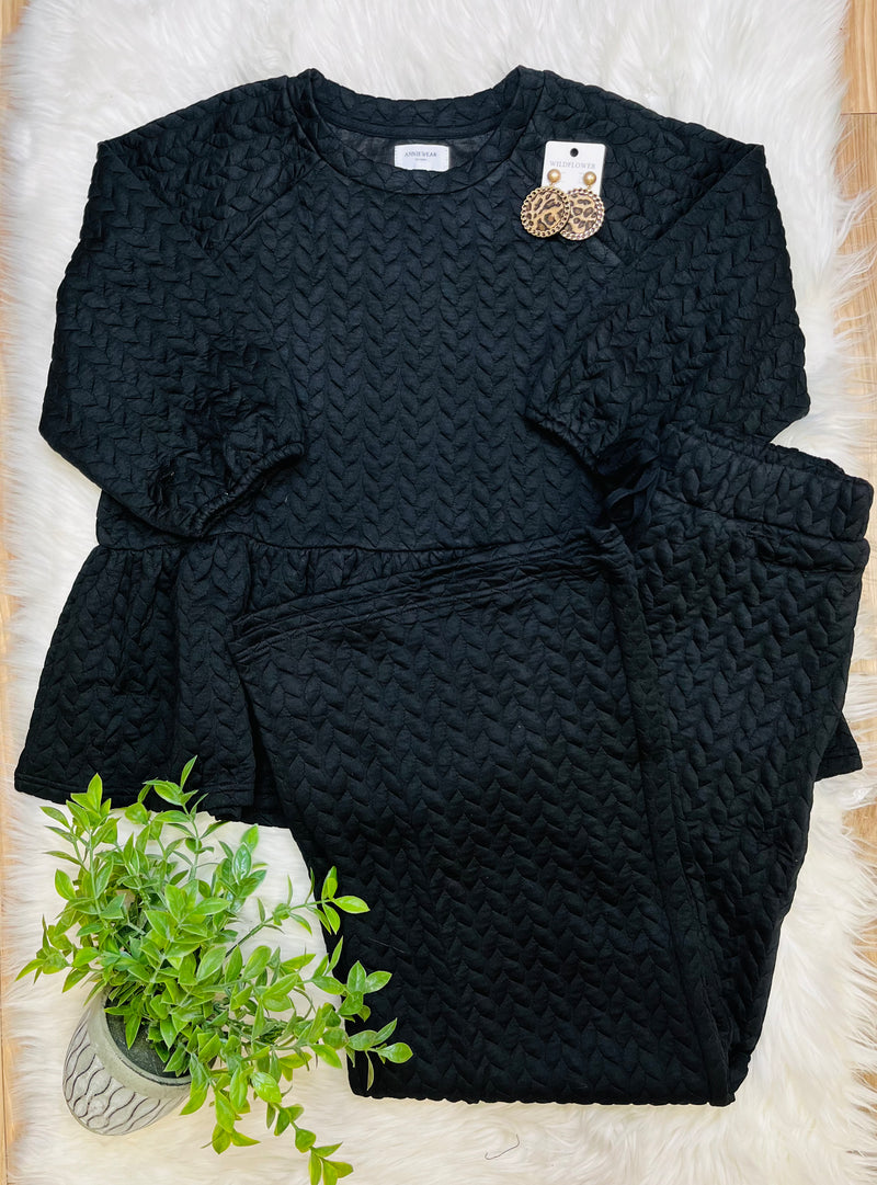 Quilted Peplum Wide Pant Black Two Piece Set