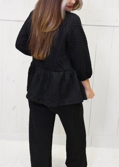 Quilted Peplum Wide Pant Black Two Piece Set