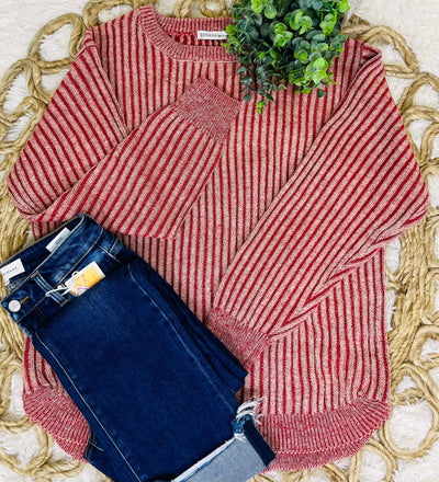 Red Curved Hem 2 Tone Sweater Top Pullover