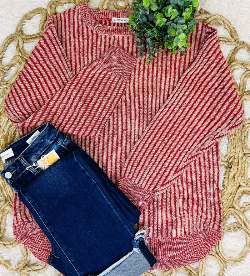 Red Curved Hem 2 Tone Sweater Top Pullover