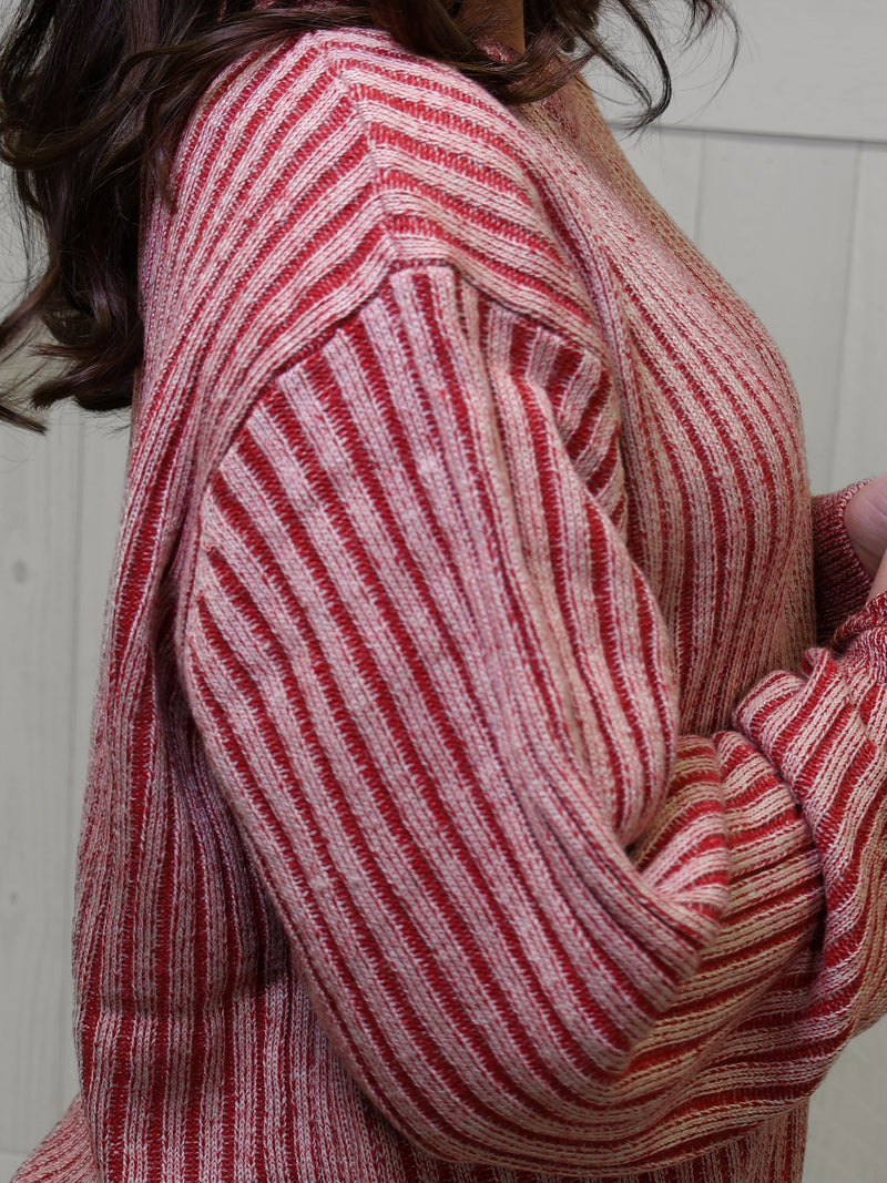 Red Curved Hem 2 Tone Sweater Top Pullover