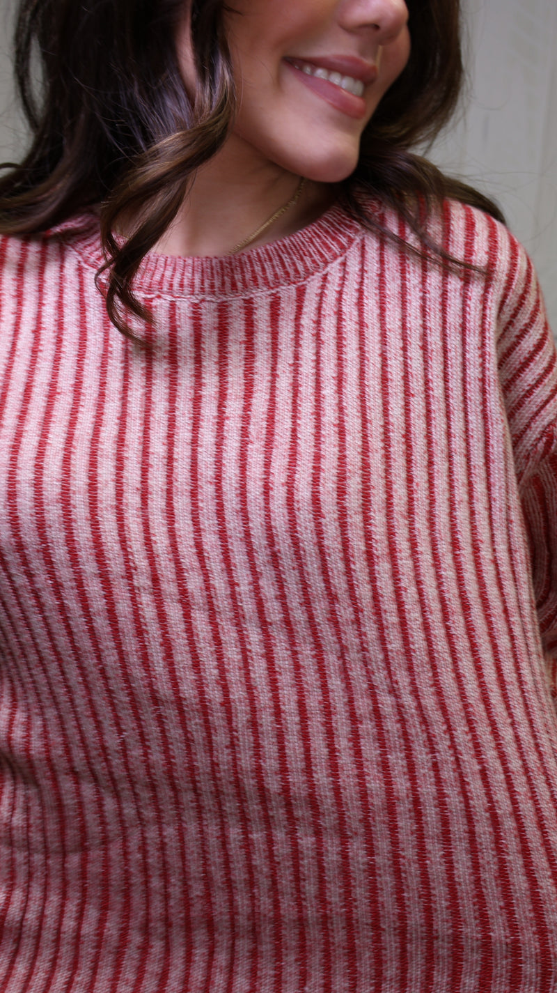 Red Curved Hem 2 Tone Sweater Top Pullover