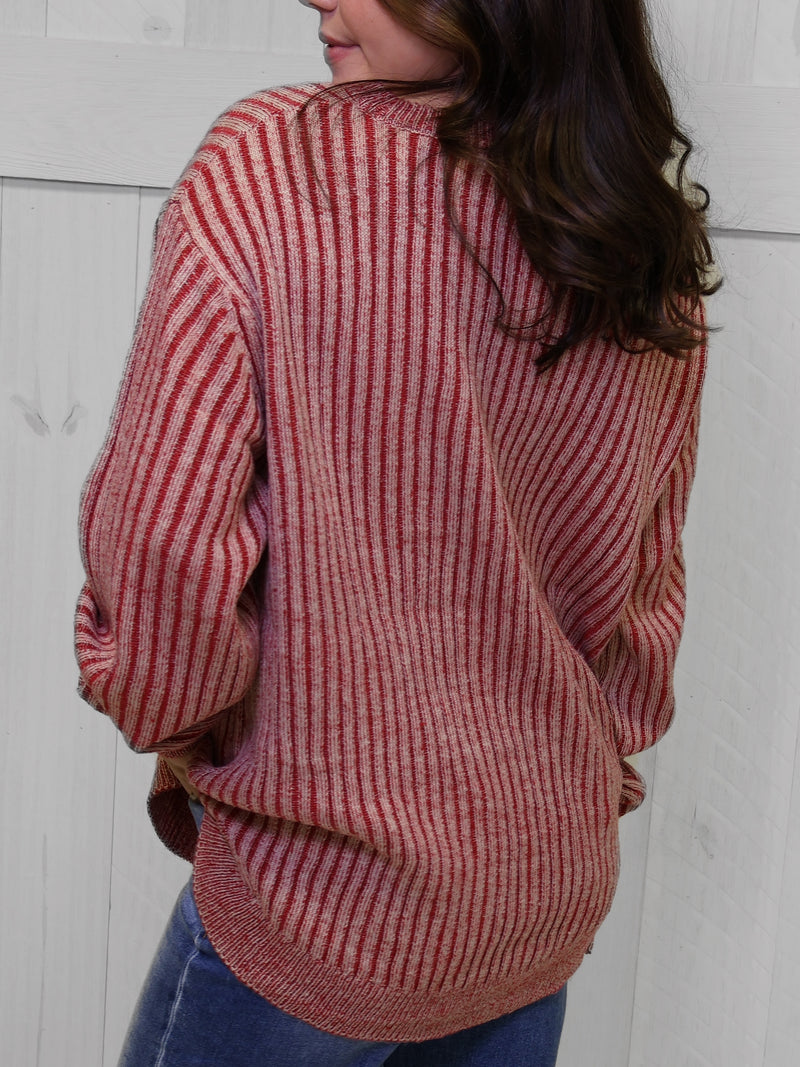 Red Curved Hem 2 Tone Sweater Top Pullover