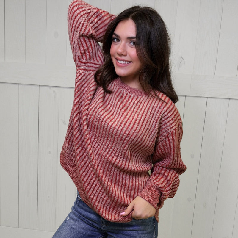 Red Curved Hem 2 Tone Sweater Top Pullover