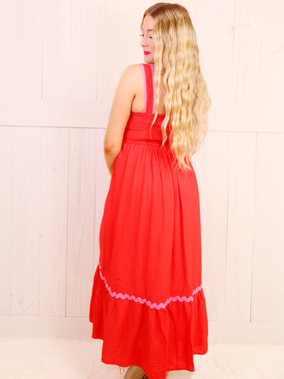 Red Maxi with Pink wave Scalloped Trim Dress