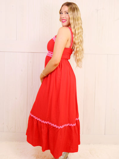 Red Maxi with Pink wave Scalloped Trim Dress