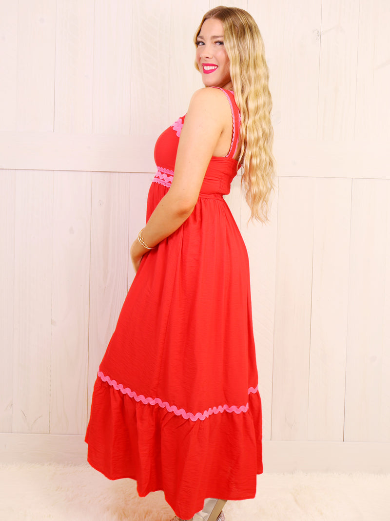 Red Maxi with Pink wave Scalloped Trim Dress