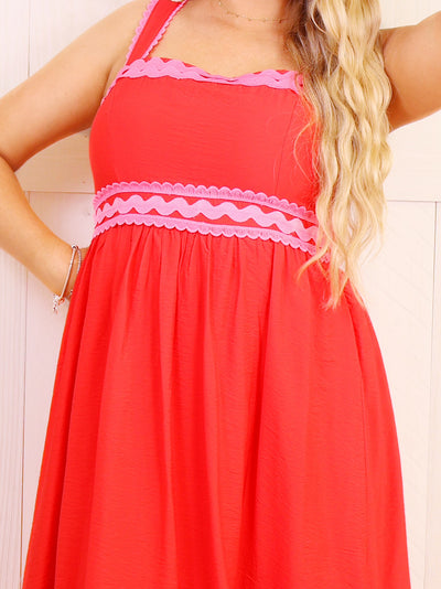 Red Maxi with Pink wave Scalloped Trim Dress