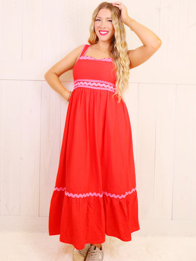 Red Maxi with Pink wave Scalloped Trim Dress