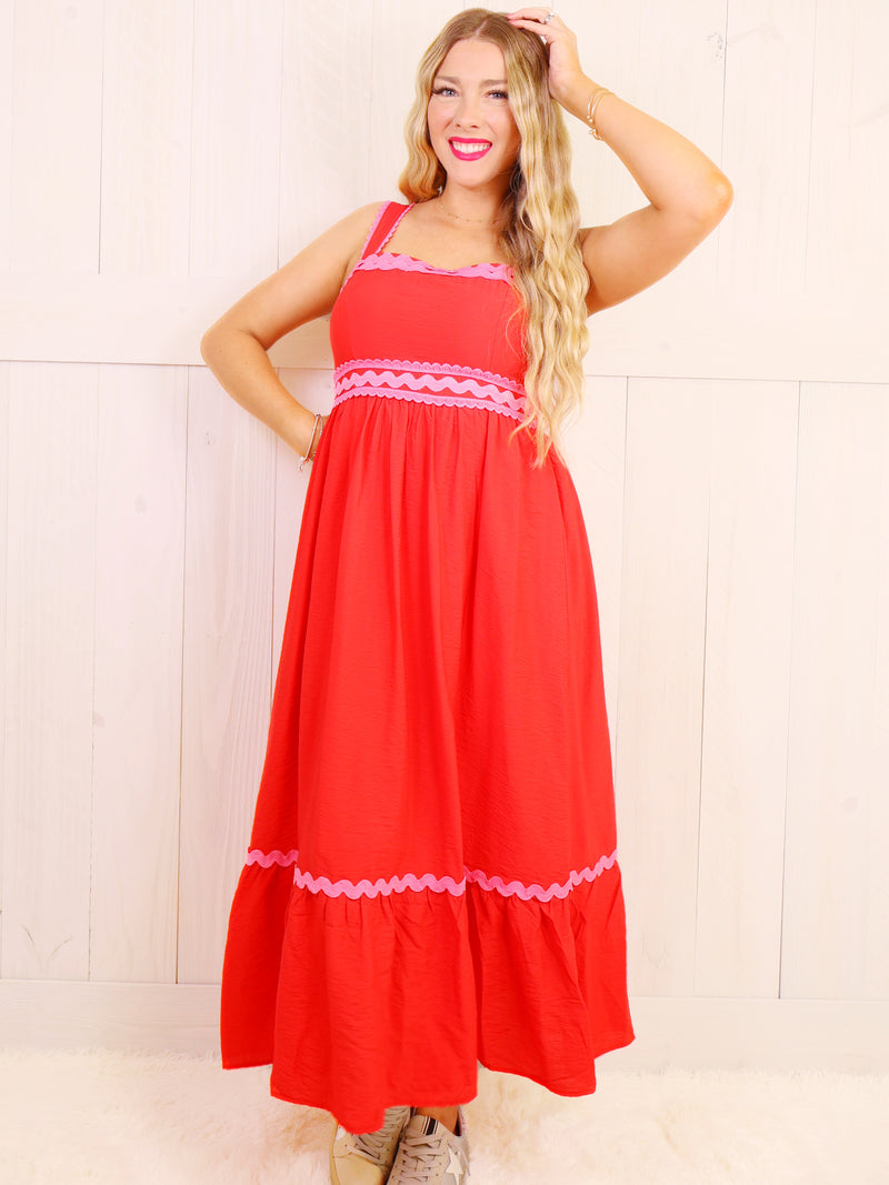 Red Maxi with Pink wave Scalloped Trim Dress