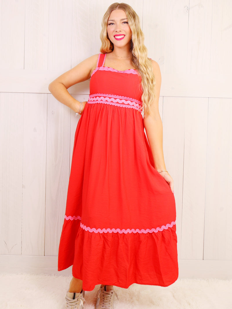 Red Maxi with Pink wave Scalloped Trim Dress