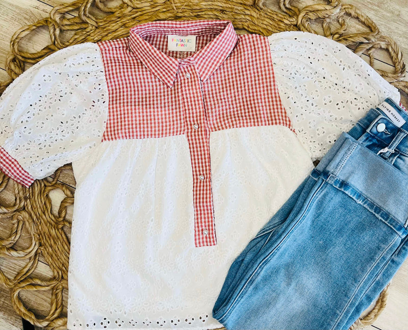 Red Plaid Eyelet Top