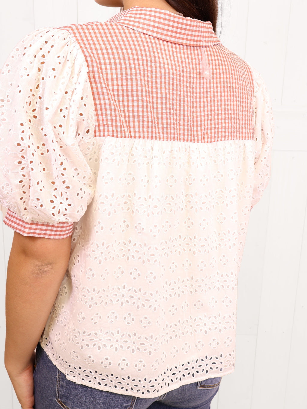 Red Plaid Eyelet Top Women's by Fantastic Fawn