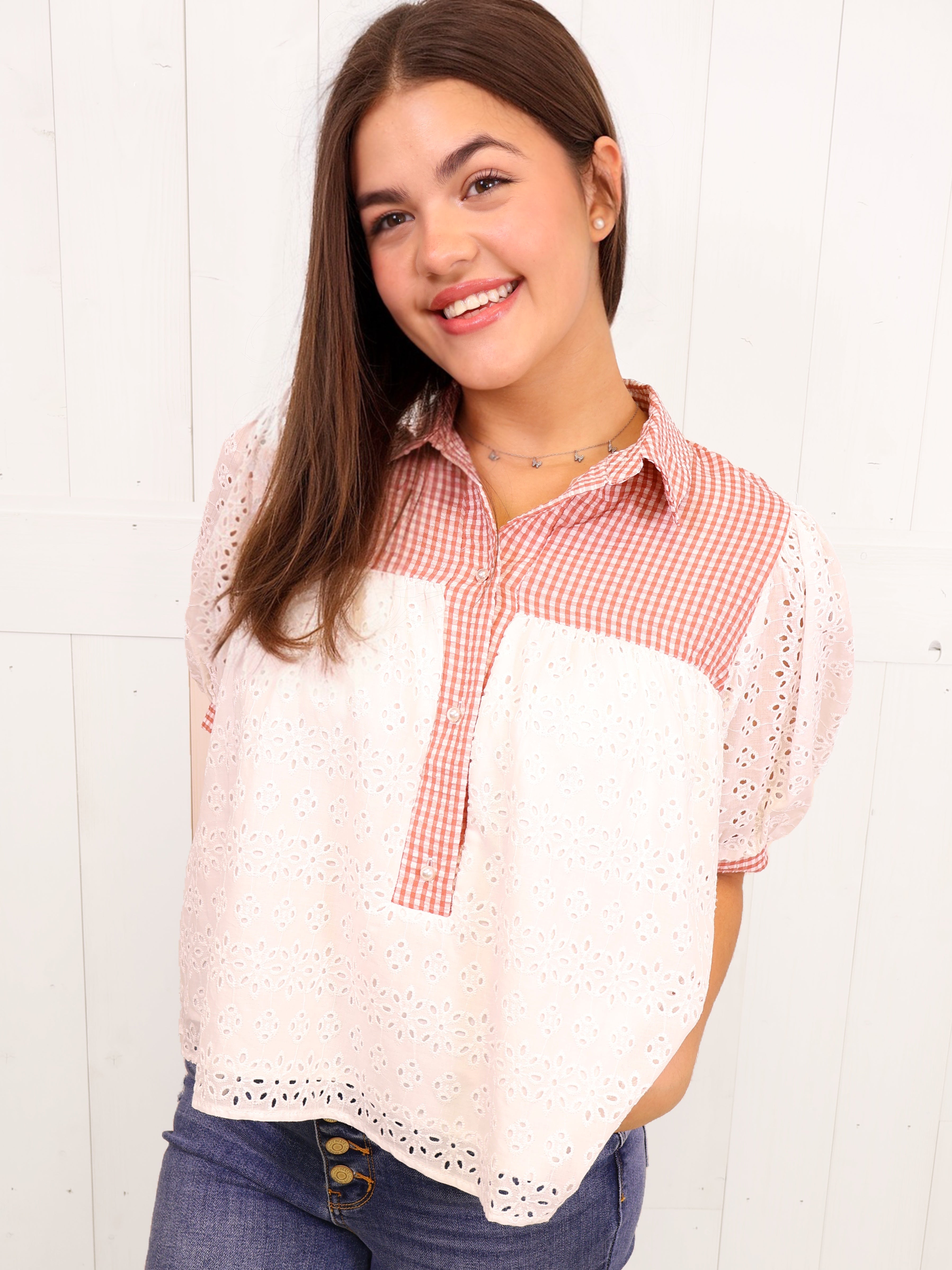 Red Plaid Eyelet Top Women's by Fantastic Fawn