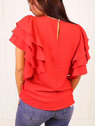 Red Ruffle Sleeve Blouse Top