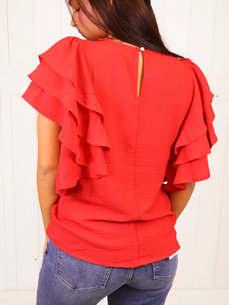 Red Ruffle Sleeve Blouse Top