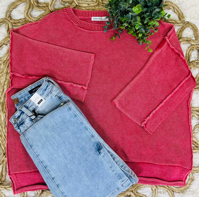Red Washed 3/4 Sleeve Boxy Sweater