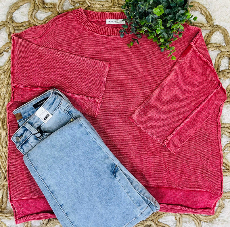 Red Washed 3/4 Sleeve Boxy Sweater