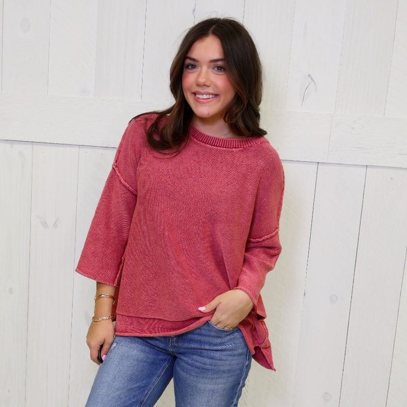 Red Washed 3/4 Sleeve Boxy Sweater