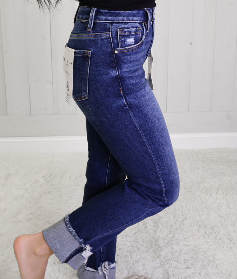 Risen Dark High Rise Cuff Crop Jeans 5877